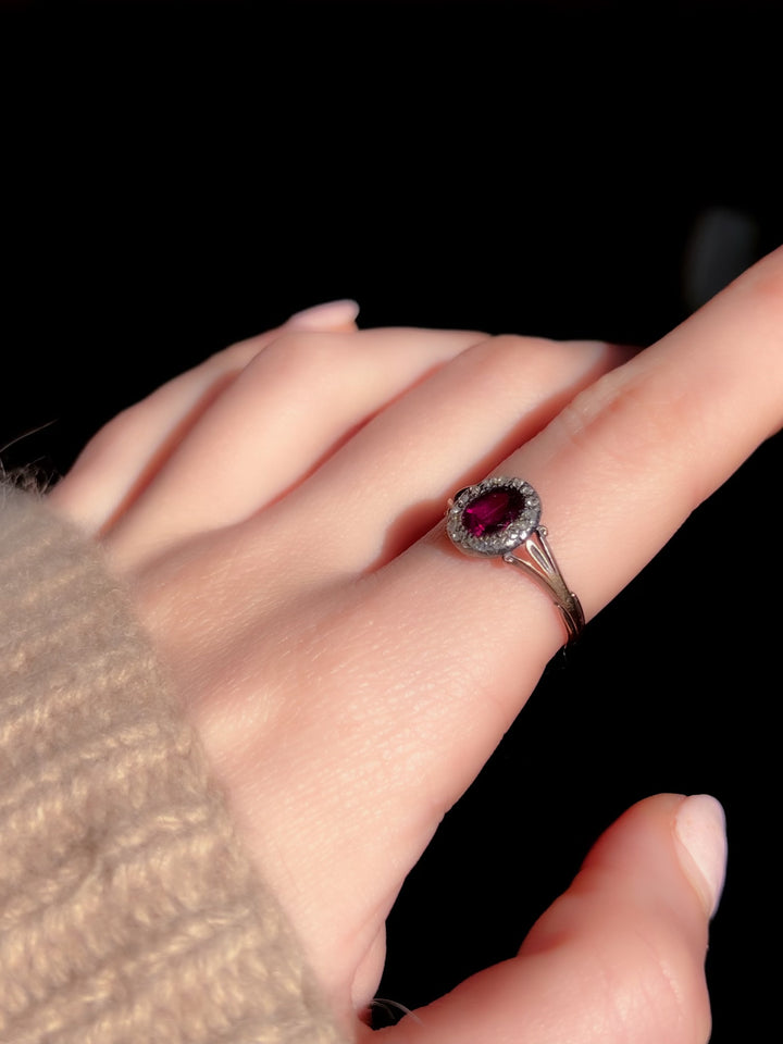 Georgian Almandine Garnet and Diamond Halo Ring
