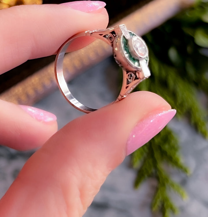 Incredible Art Deco All Original Platinum Target Ring with Emeralds and Diamonds