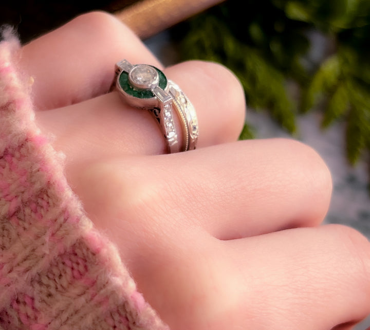 Incredible Art Deco All Original Platinum Target Ring with Emeralds and Diamonds