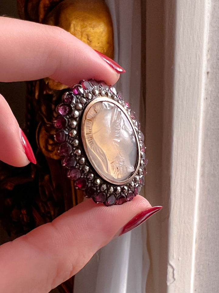 Georgian Athena Cameo With Marcasite and Flat Cut Garnets