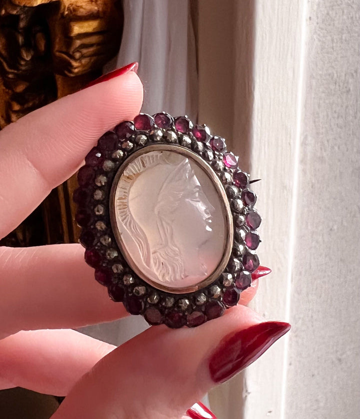Georgian Athena Cameo With Marcasite and Flat Cut Garnets