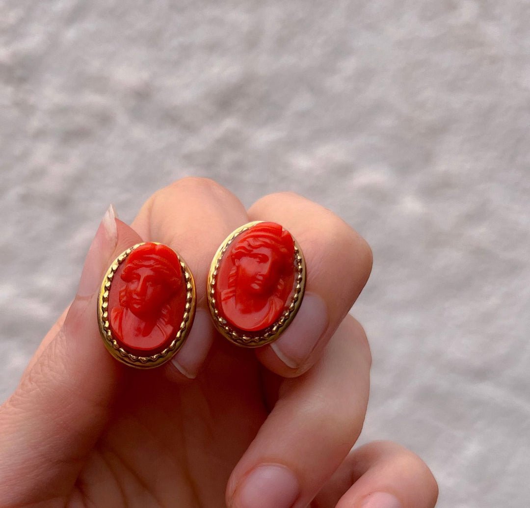 Victorian 14k Coral Cameo Earrings