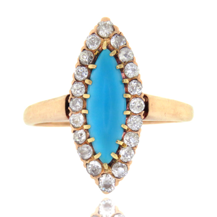Exceptional Victorian Turquoise and Diamond Navette Ring