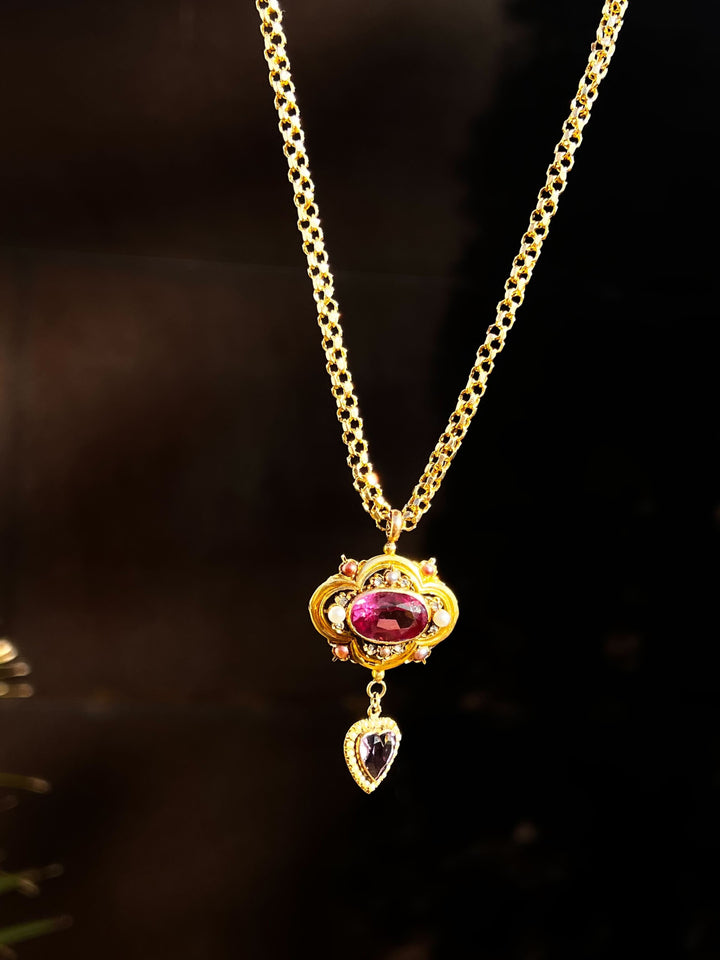 JUST PENDANT Pink Paste, Amethyst, Diamond and Pearl Lavaliere Necklace