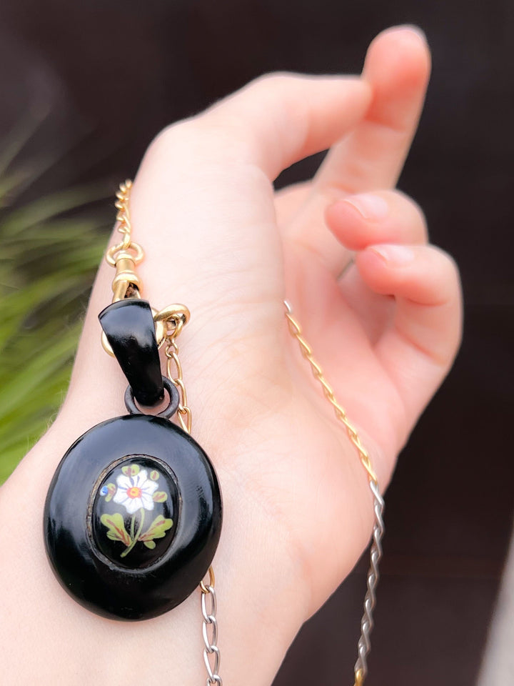 Extremely Rare Whitby Jet Pendant with Enamel Daffodil Plaque
