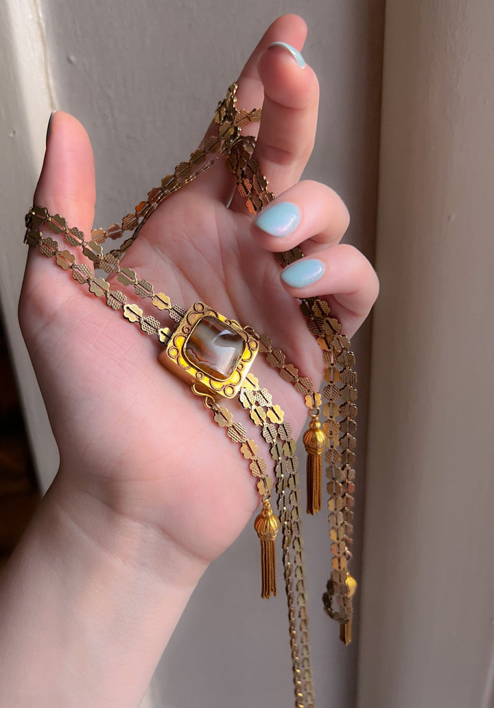 Outrageous Victorian 14k Archaeological Revival Agate Book Chain