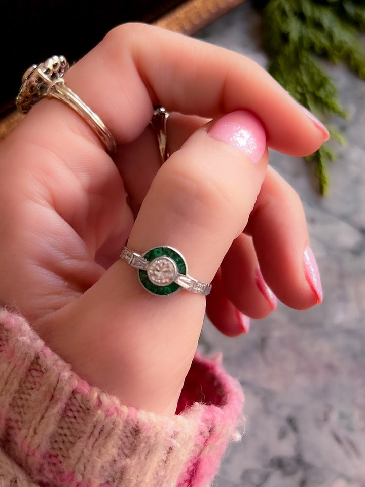 Incredible Art Deco All Original Platinum Target Ring with Emeralds and Diamonds