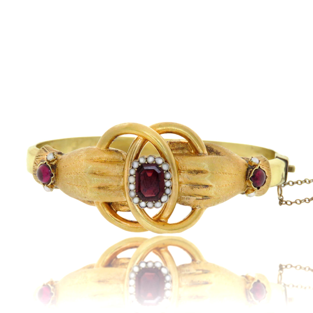 14ct Victorian Double Gloved Hand Bracelet with Pearl Haloed Garnet