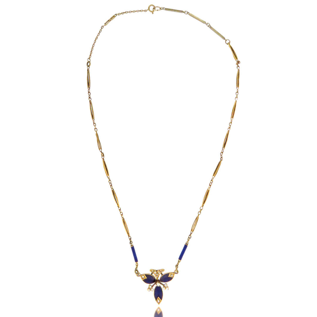 French 18k Cobalt Blue Enamel and Rose-Cut Diamond Necklace Circa 1890-1910