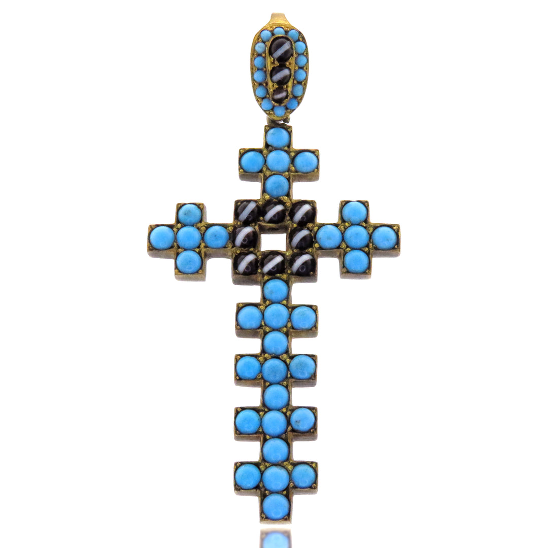 Victorian Pinchbeck Cross 1860’s with Natural Turquoise and Side-Set Black Onyx