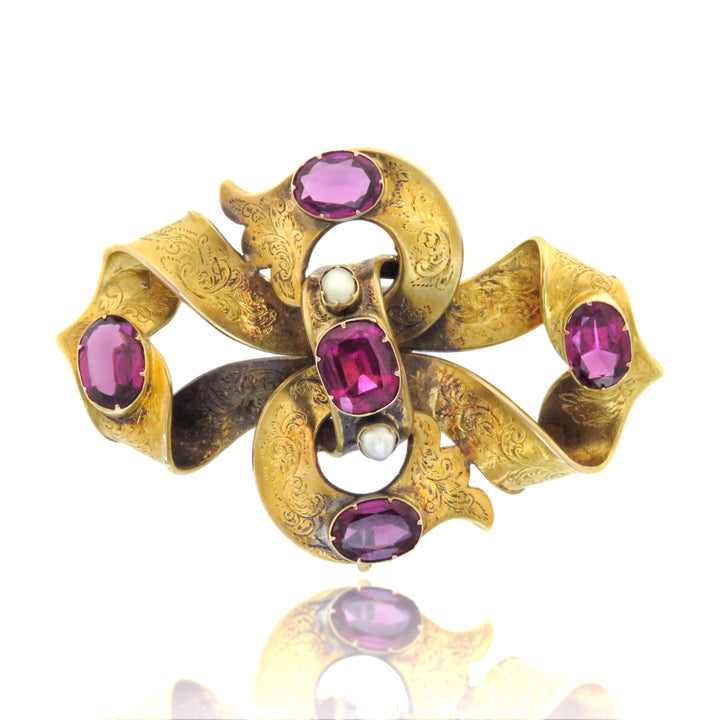 15K Oversized Archaeological Revival Almandine Garnet Ribbon Brooch w/ 2 Ribbons & Bath Bomb