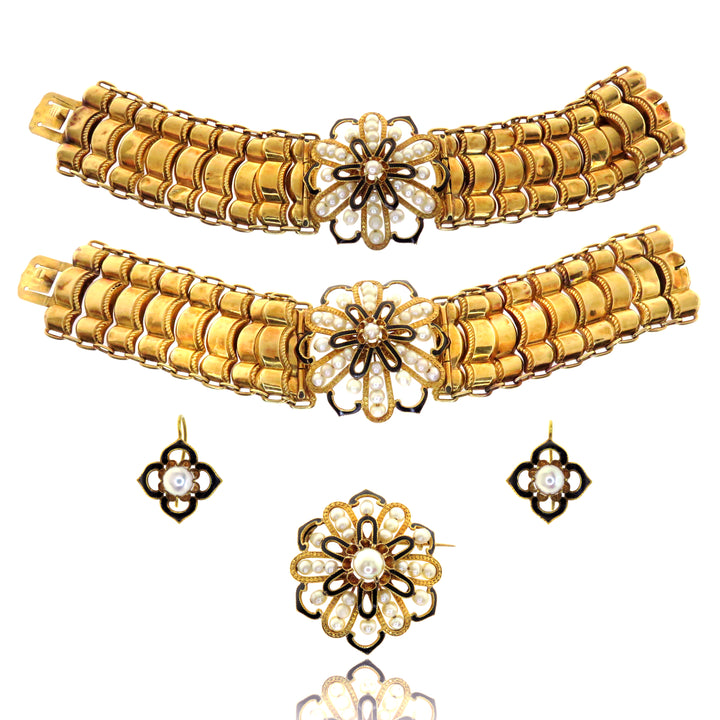 18ct Bosson Double Bracelet, Earrings, and Brooch Set in Original Box c. 1860