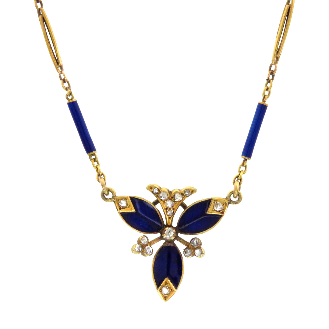 French 18k Cobalt Blue Enamel and Rose-Cut Diamond Necklace Circa 1890-1910