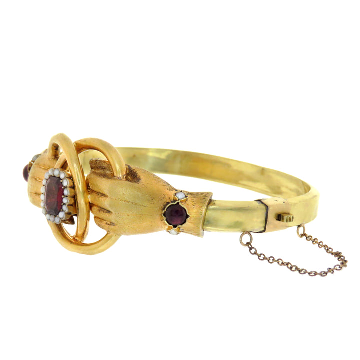 14ct Victorian Double Gloved Hand Bracelet with Pearl Haloed Garnet