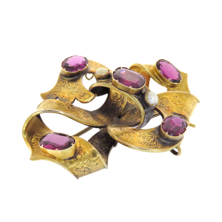 15K Oversized Archaeological Revival Almandine Garnet Ribbon Brooch w/ 2 Ribbons & Bath Bomb