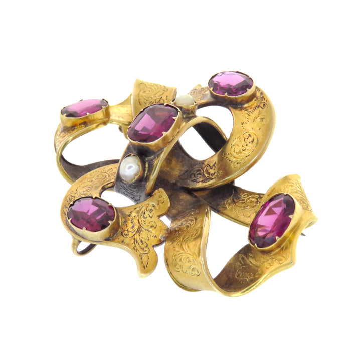15K Oversized Archaeological Revival Almandine Garnet Ribbon Brooch w/ 2 Ribbons & Bath Bomb