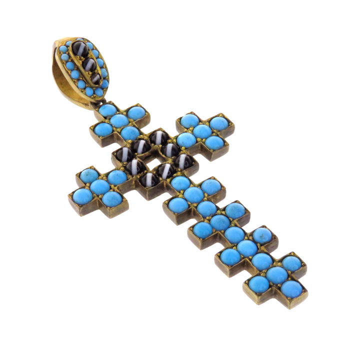 Victorian Pinchbeck Cross 1860’s with Natural Turquoise and Side-Set Black Onyx
