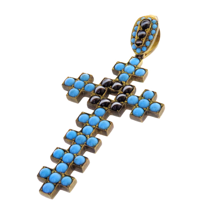 Victorian Pinchbeck Cross 1860’s with Natural Turquoise and Side-Set Black Onyx