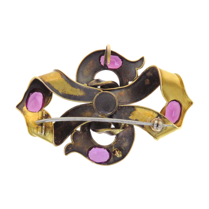 15K Oversized Archaeological Revival Almandine Garnet Ribbon Brooch w/ 2 Ribbons & Bath Bomb
