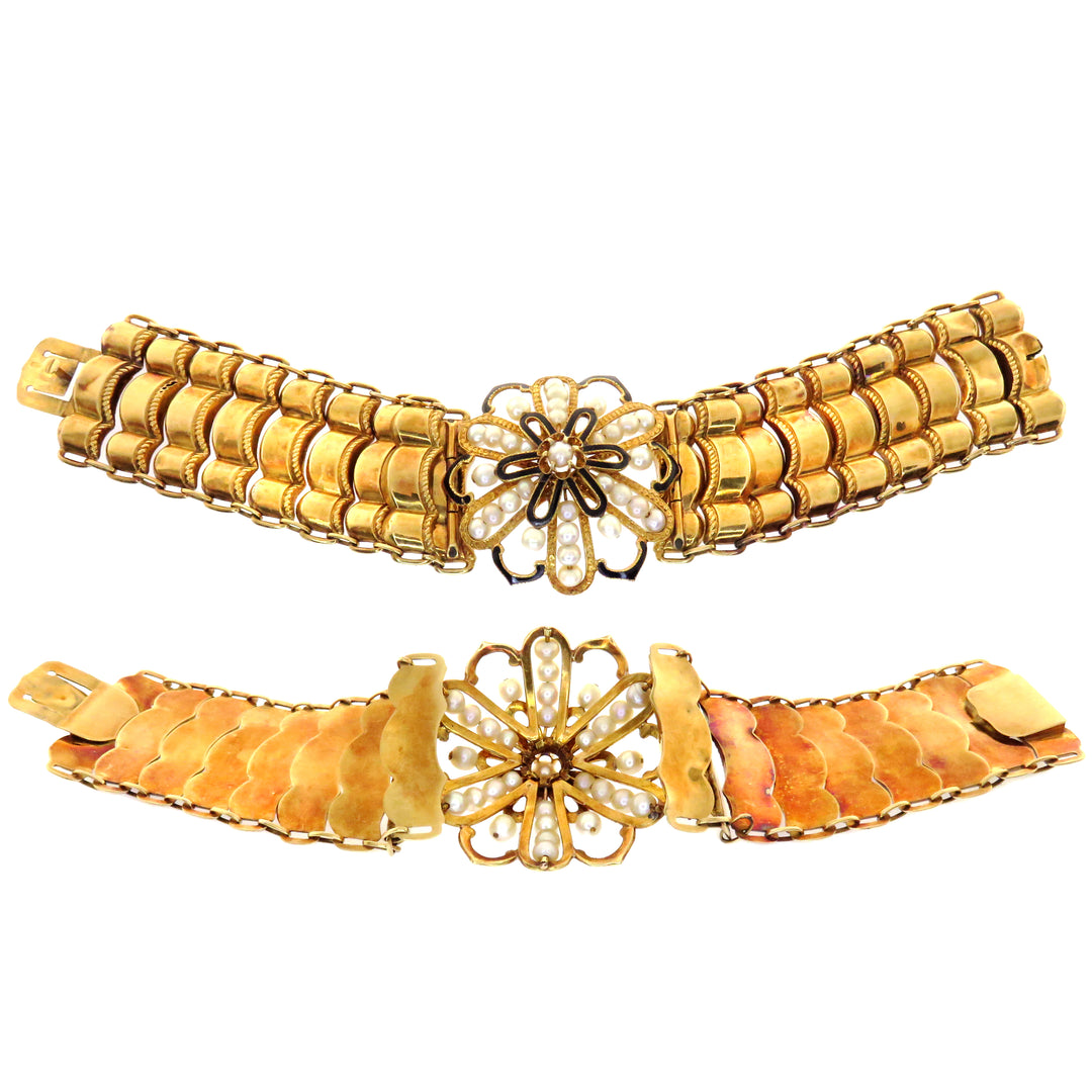 18ct Bosson Double Bracelet, Earrings, and Brooch Set in Original Box c. 1860