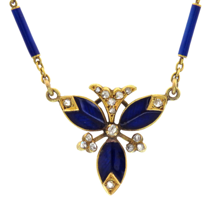 French 18k Cobalt Blue Enamel and Rose-Cut Diamond Necklace Circa 1890-1910