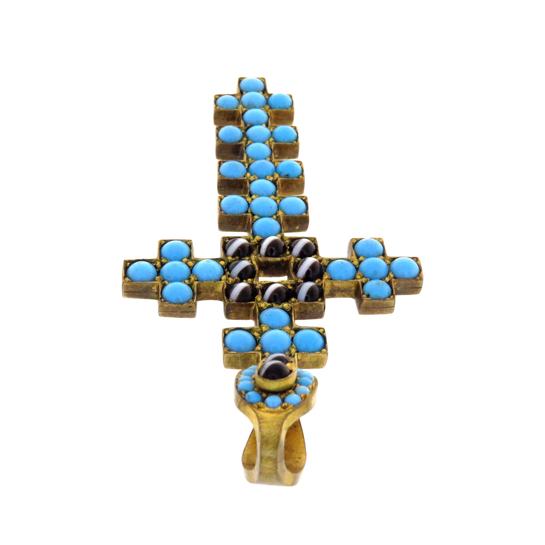 Victorian Pinchbeck Cross 1860’s with Natural Turquoise and Side-Set Black Onyx