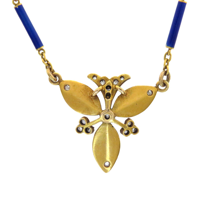 French 18k Cobalt Blue Enamel and Rose-Cut Diamond Necklace Circa 1890-1910