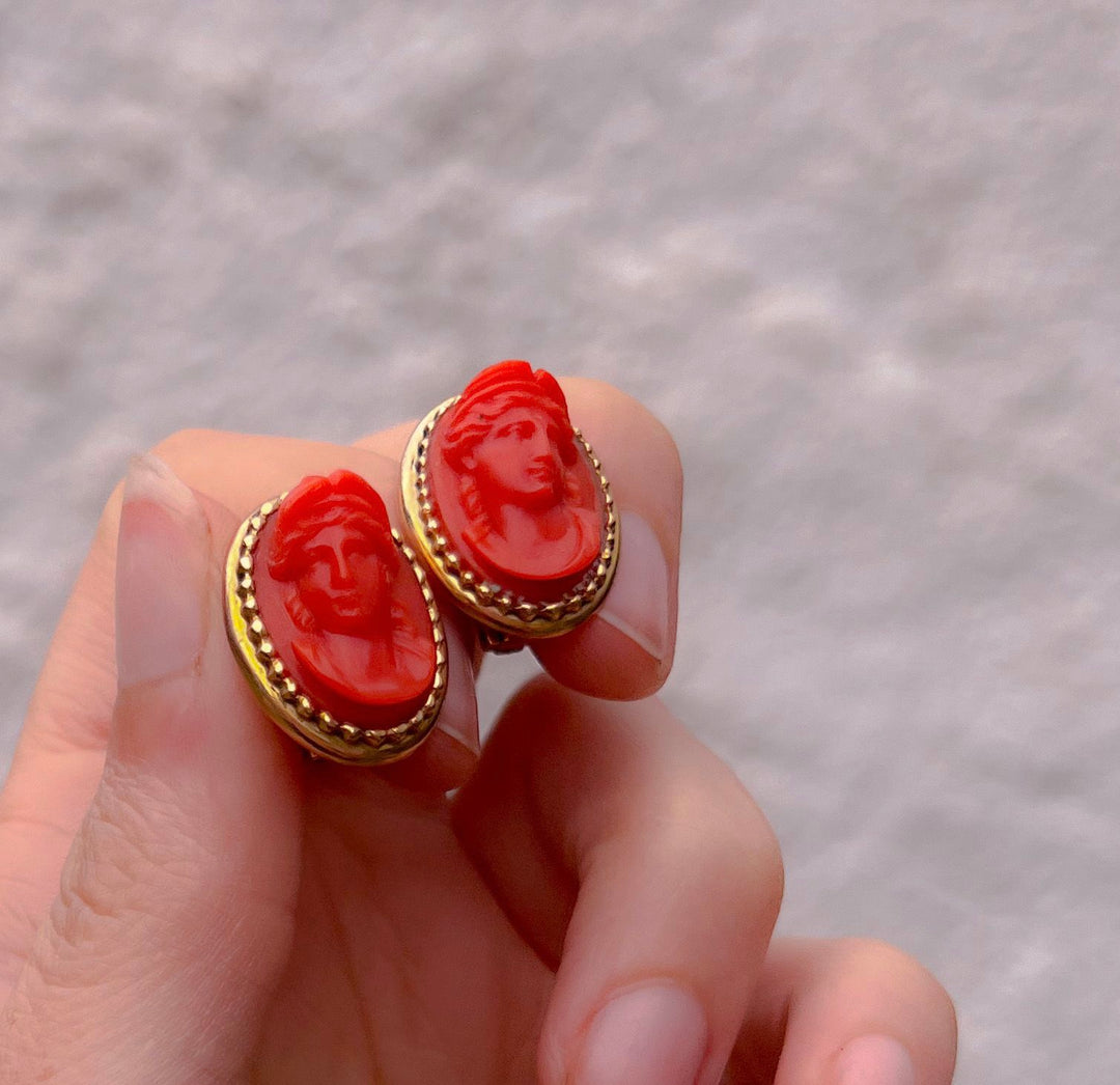 Victorian 14k Coral Cameo Earrings