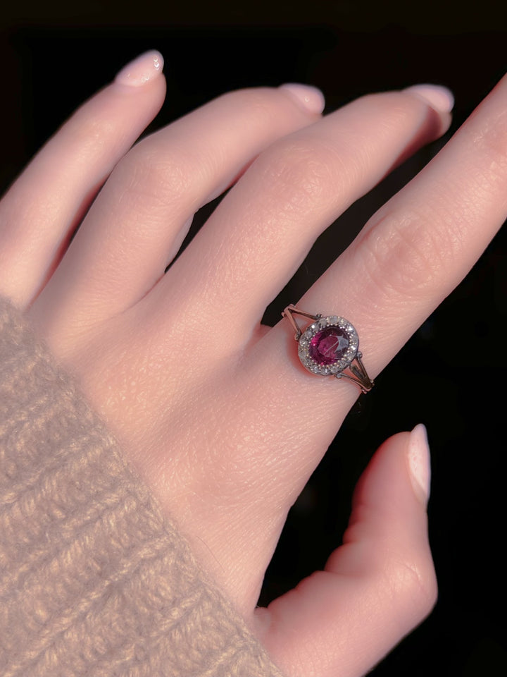 Georgian Almandine Garnet and Diamond Halo Ring