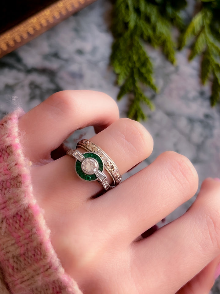 Incredible Art Deco All Original Platinum Target Ring with Emeralds and Diamonds