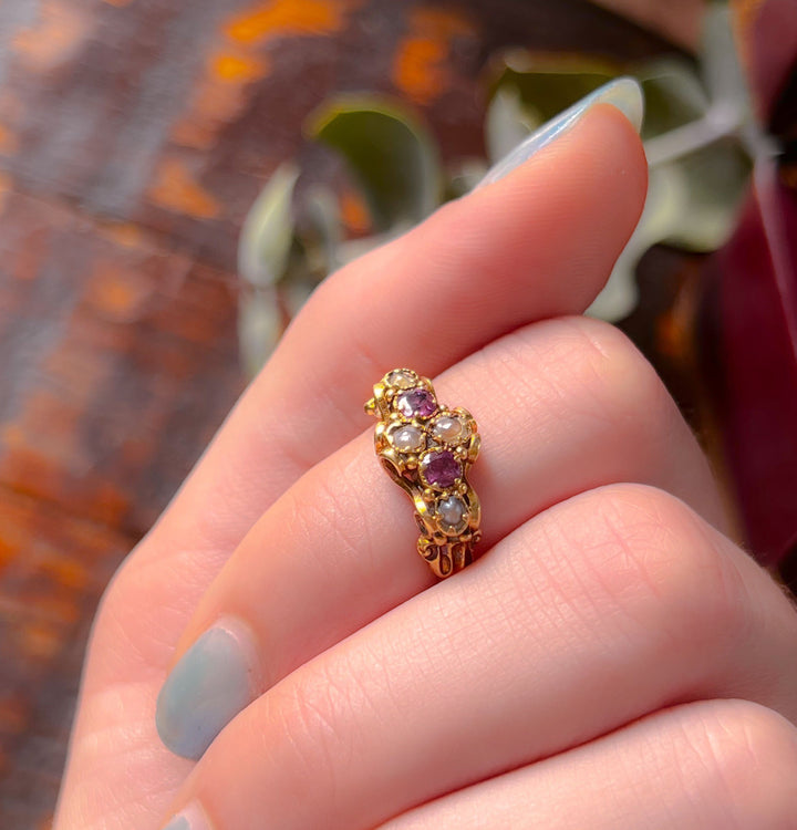 Victorian 18k Pink Tourmaline and Pearl Ring