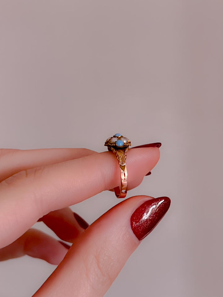 Lovely Victorian 12ct Persian Turquoise and Seed Pearl Ring
