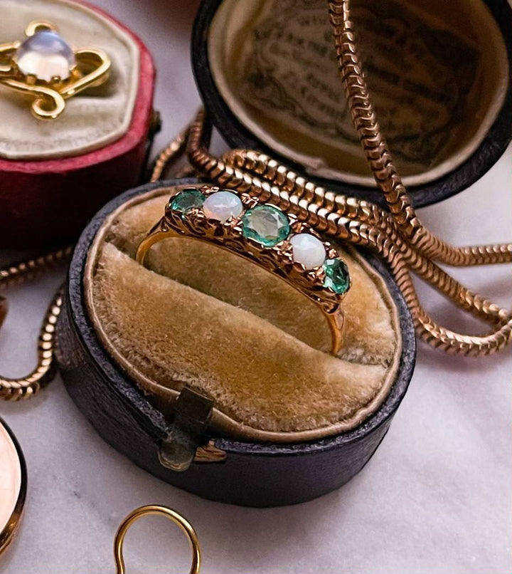 Gorgeous Emerald and Opal Band with Fairytale Gallery in Pink 18k