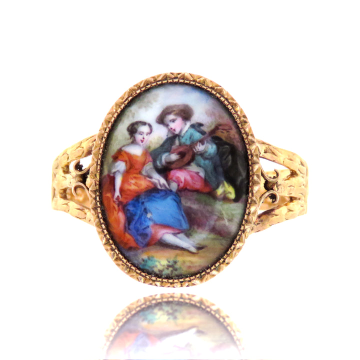 Romantic 18K French Rococo Revival Painted Enamel Ring