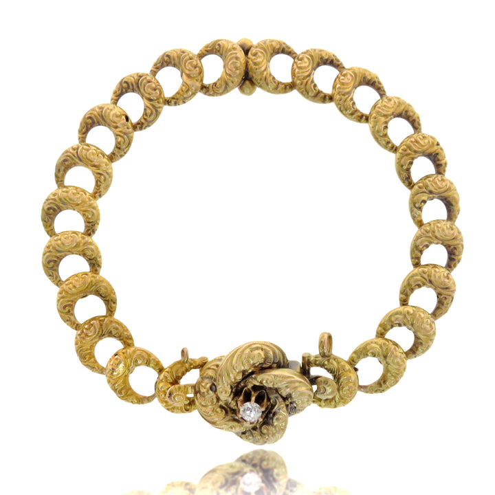 Crescent Moon Bracelet in 15k with Diamond Love Knot Clasp "From John to Clara" 1890 *WITH 1/4" RIBBON*