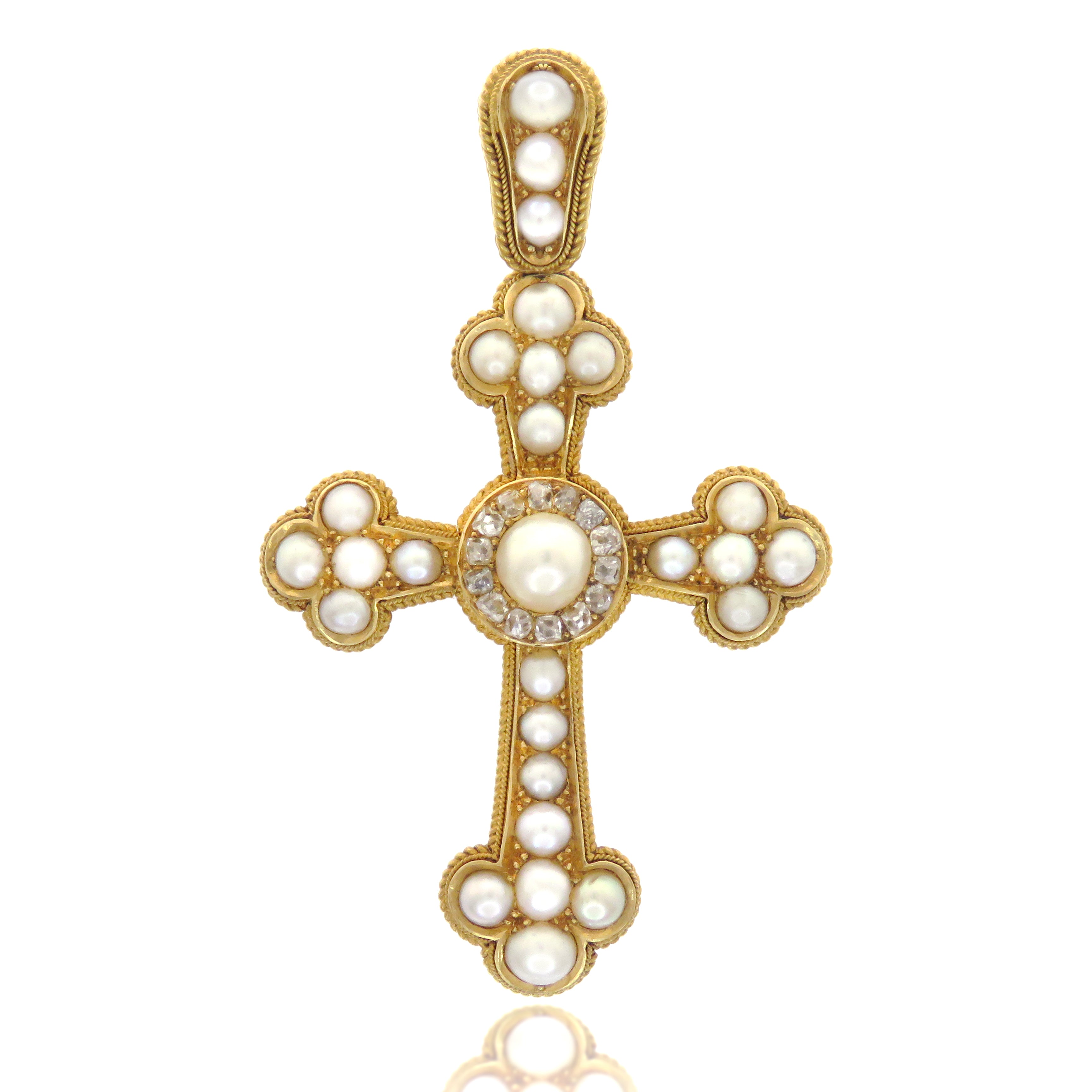 18k Pearl & Diamond Cross Pendant