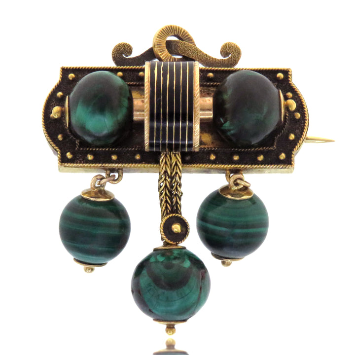 14k Victorian 1860’s Malachite and Black Enamel Ball Brooch