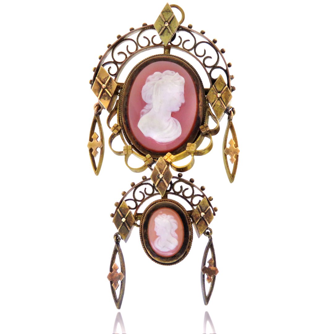 14k Victorian Pink Hardstone Double Cameo Brooch/Pendant