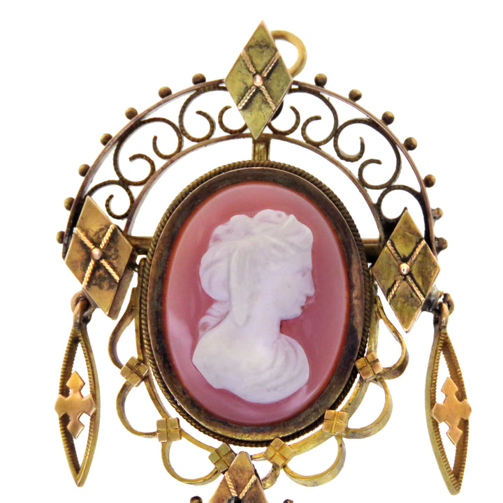 14k Victorian Pink Hardstone Double Cameo Brooch/Pendant