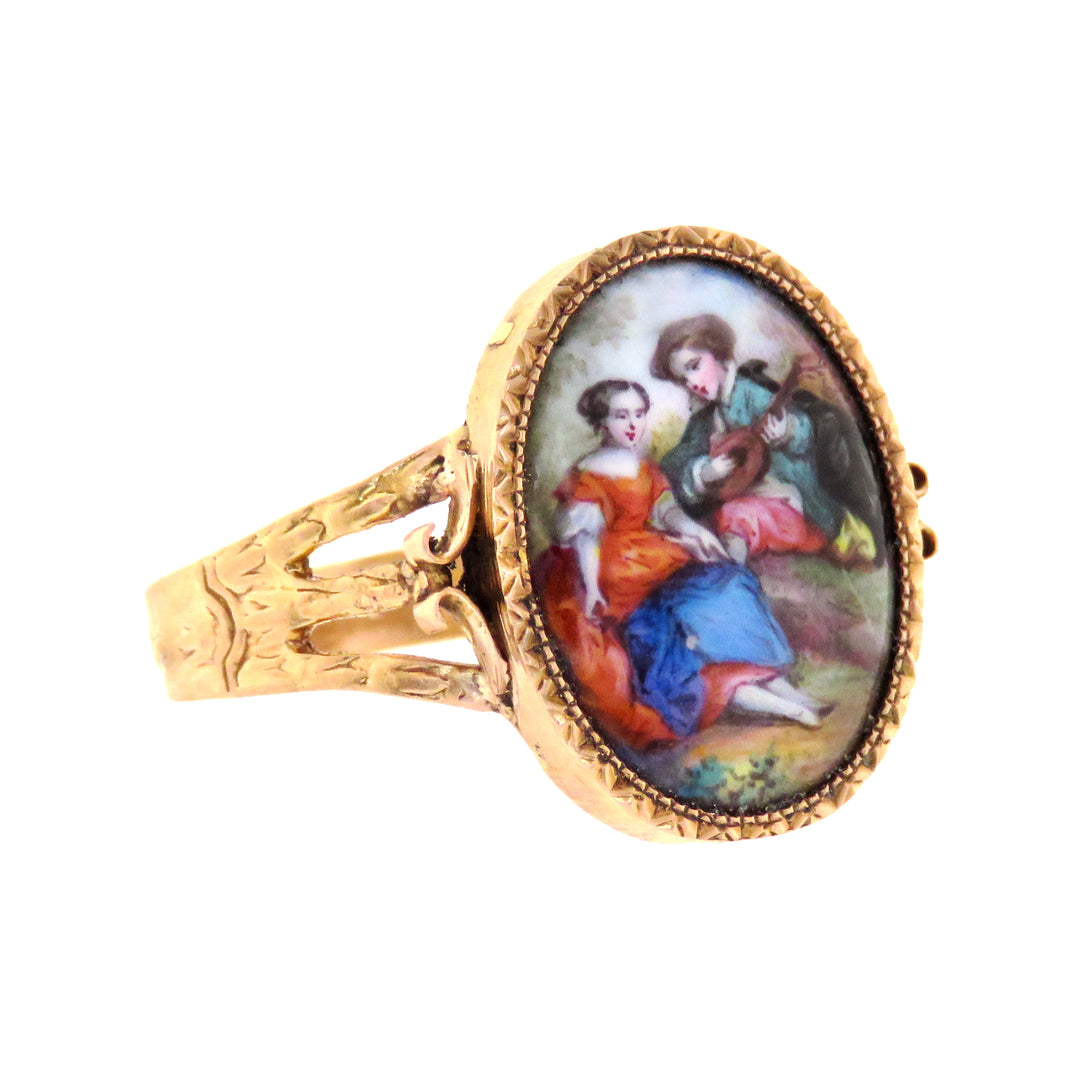 Romantic 18K French Rococo Revival Painted Enamel Ring