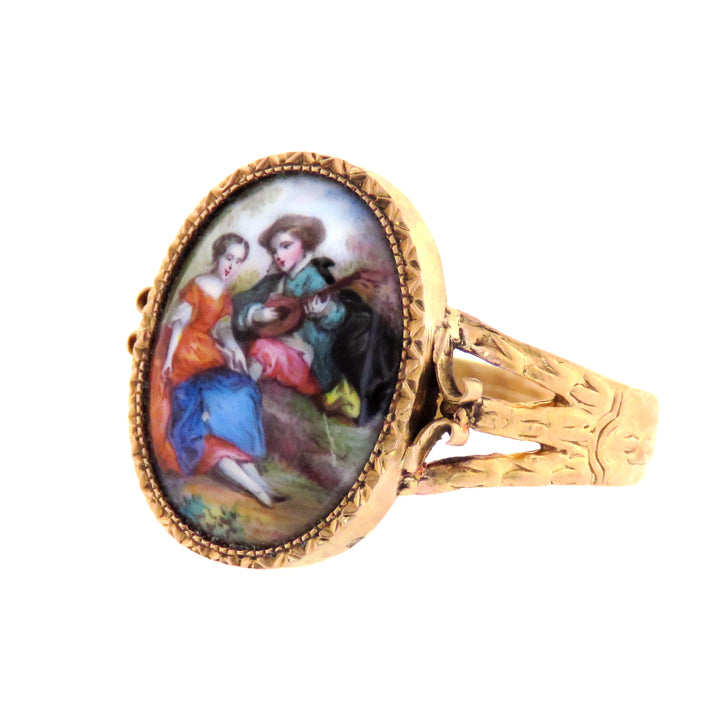 Romantic 18K French Rococo Revival Painted Enamel Ring