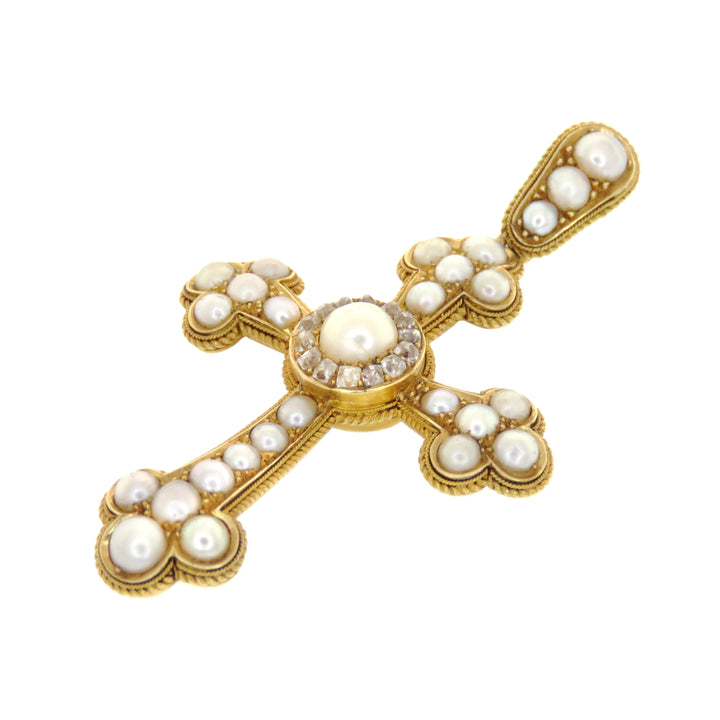18k Pearl & Diamond Cross Pendant