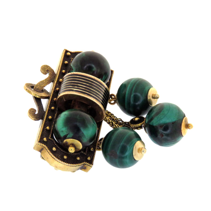 14k Victorian 1860’s Malachite and Black Enamel Ball Brooch