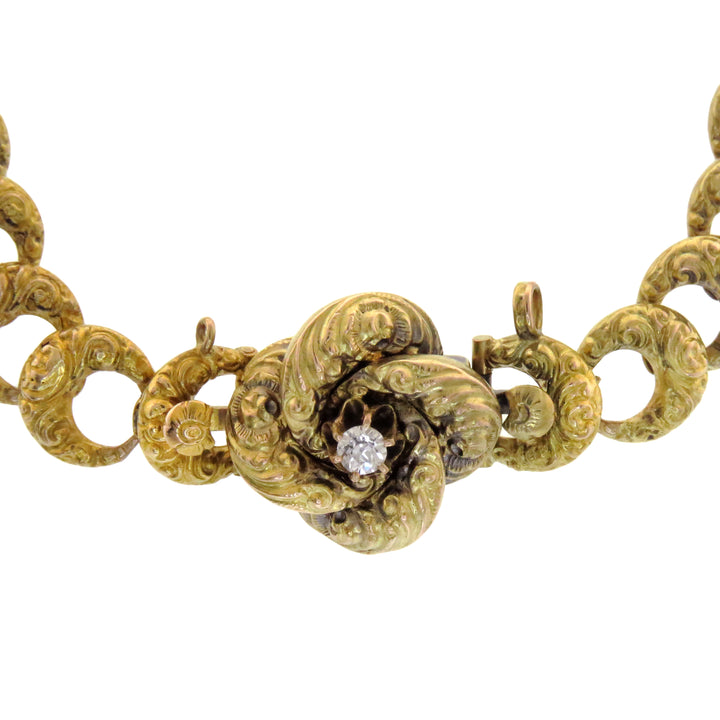 Crescent Moon Bracelet in 15k with Diamond Love Knot Clasp "From John to Clara" 1890 *WITH 1/4" RIBBON*