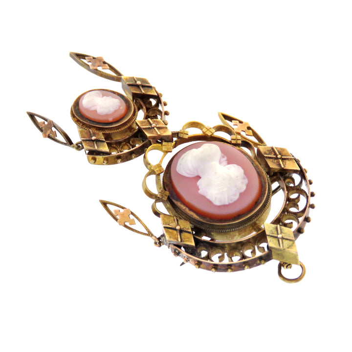 14k Victorian Pink Hardstone Double Cameo Brooch/Pendant