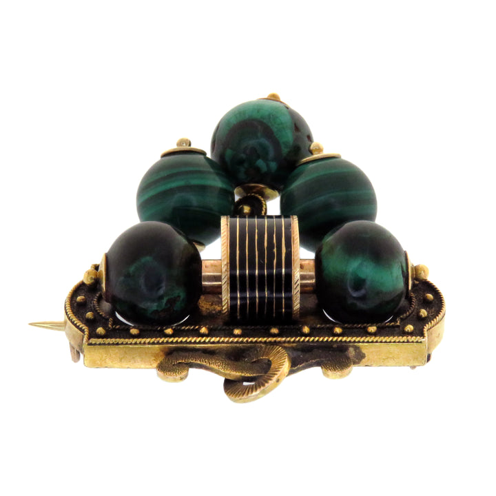 14k Victorian 1860’s Malachite and Black Enamel Ball Brooch