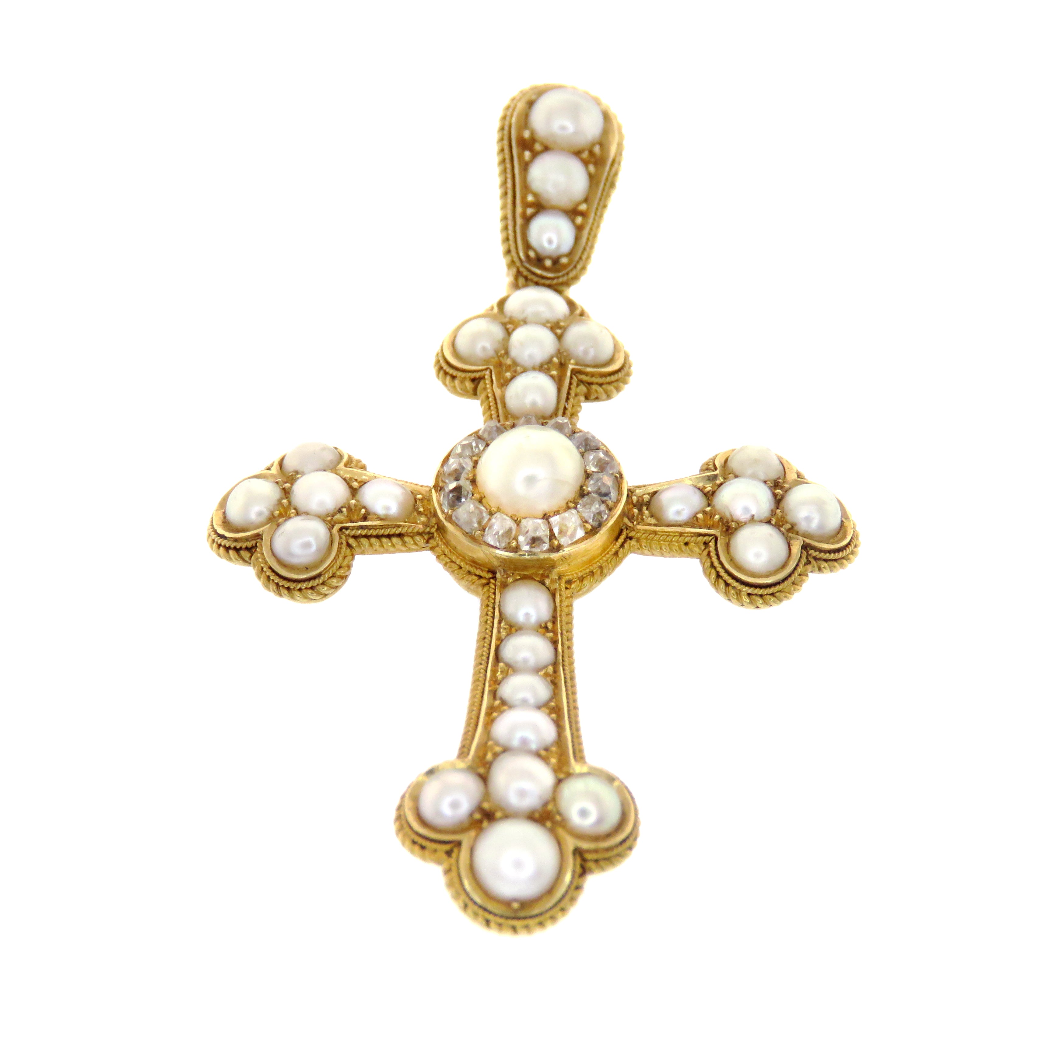 18k Pearl & Diamond Cross Pendant