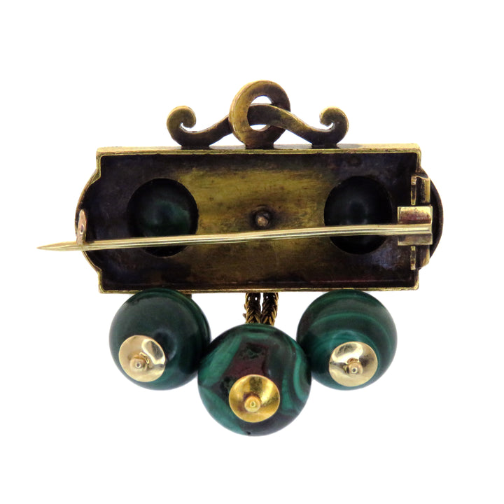 14k Victorian 1860’s Malachite and Black Enamel Ball Brooch