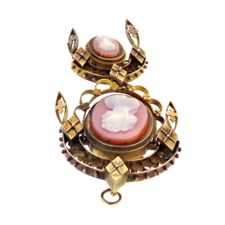 14k Victorian Pink Hardstone Double Cameo Brooch/Pendant