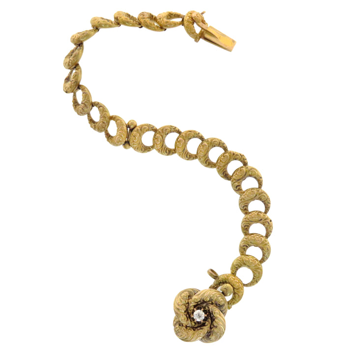 Crescent Moon Bracelet in 15k with Diamond Love Knot Clasp "From John to Clara" 1890 *WITH 1/4" RIBBON*